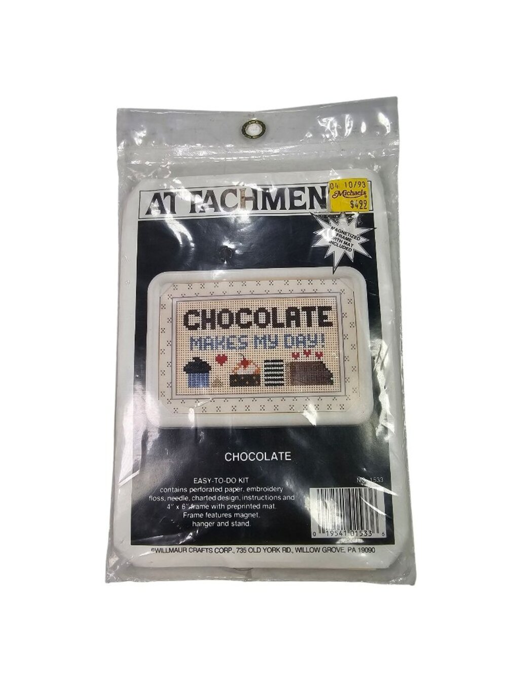 Chocolate Makes My Day Cross-Stitch 4x6" Frame Magnet & Stand Kit #1533 NEW
